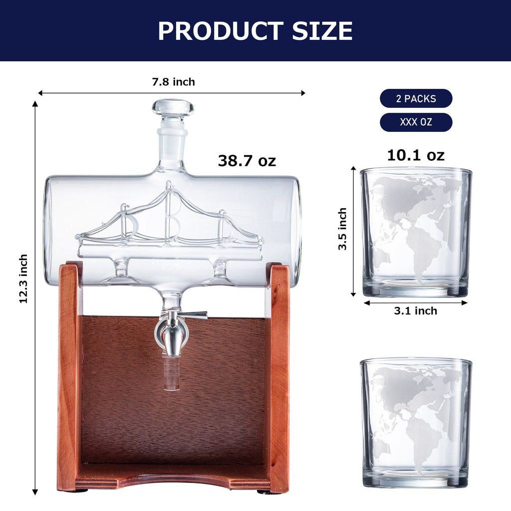 Whiskey & Wine Decanter Set 1250ml with 2 Whiskey Glasses, Liquor Dispenser For Home Bar, Ship Whiskey & Wine Decanter - Gift for Dad, Husband or Boyfriend - The Wine Savant Lead-Free Crystal Glass-2