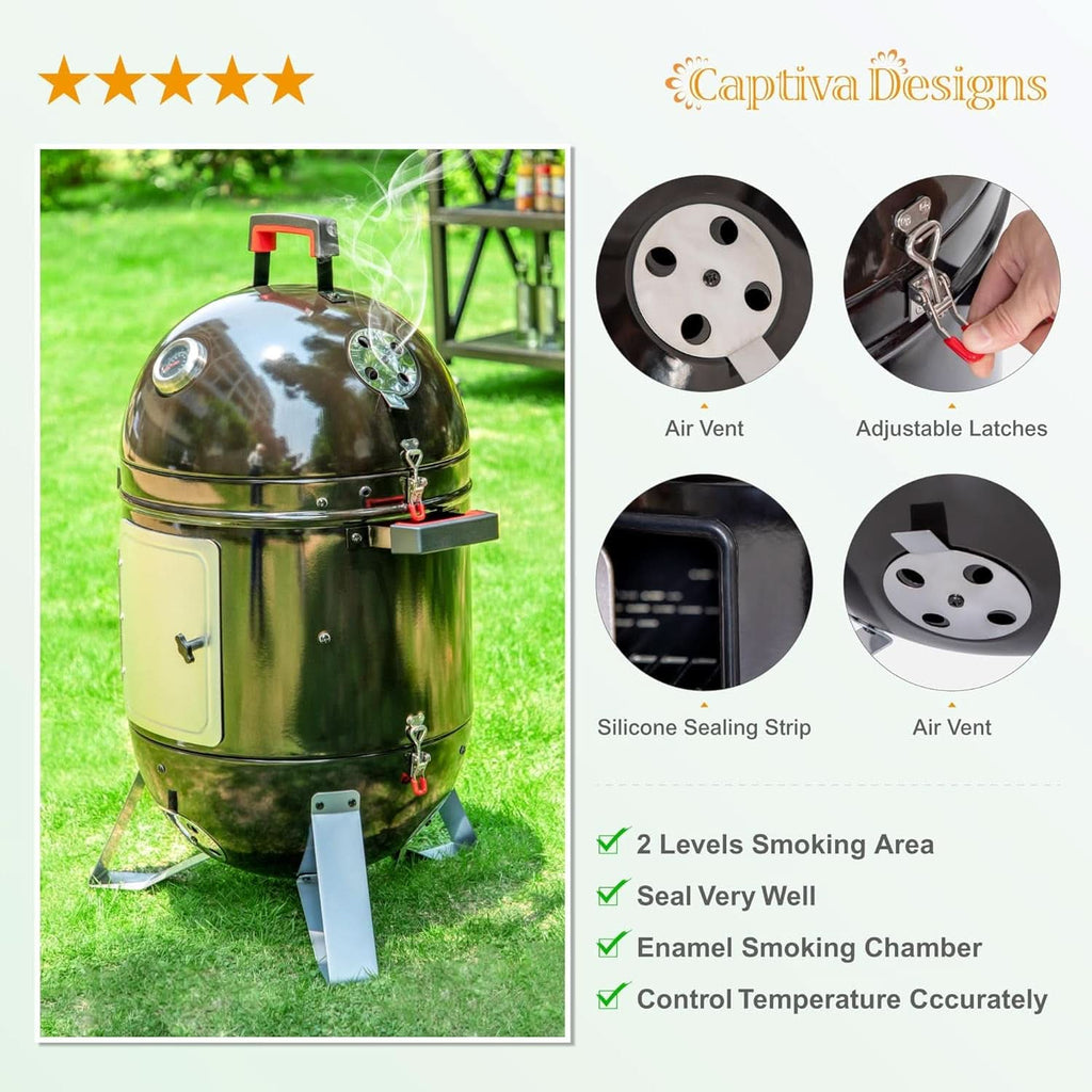 18-Inch Vertical Charcoal Smoker Grill with Porcelain-Enameled Smoking Chamber, Wood Mountain Smoker for Meat Turkey and BBQ, with Built-In Thermometer-4