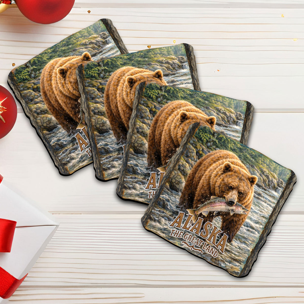Alaska Grizzly Bear Wooden Coasters – Set of 4 - Cork Backed Wildlife Coasters - 95410C-S4-0