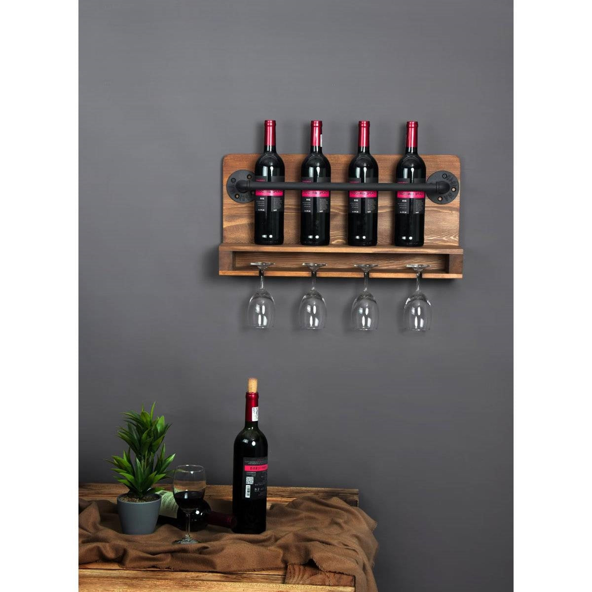4 Bottle Rustic Farmhouse Wall Mounted Wine Rack with Glass Holder-1