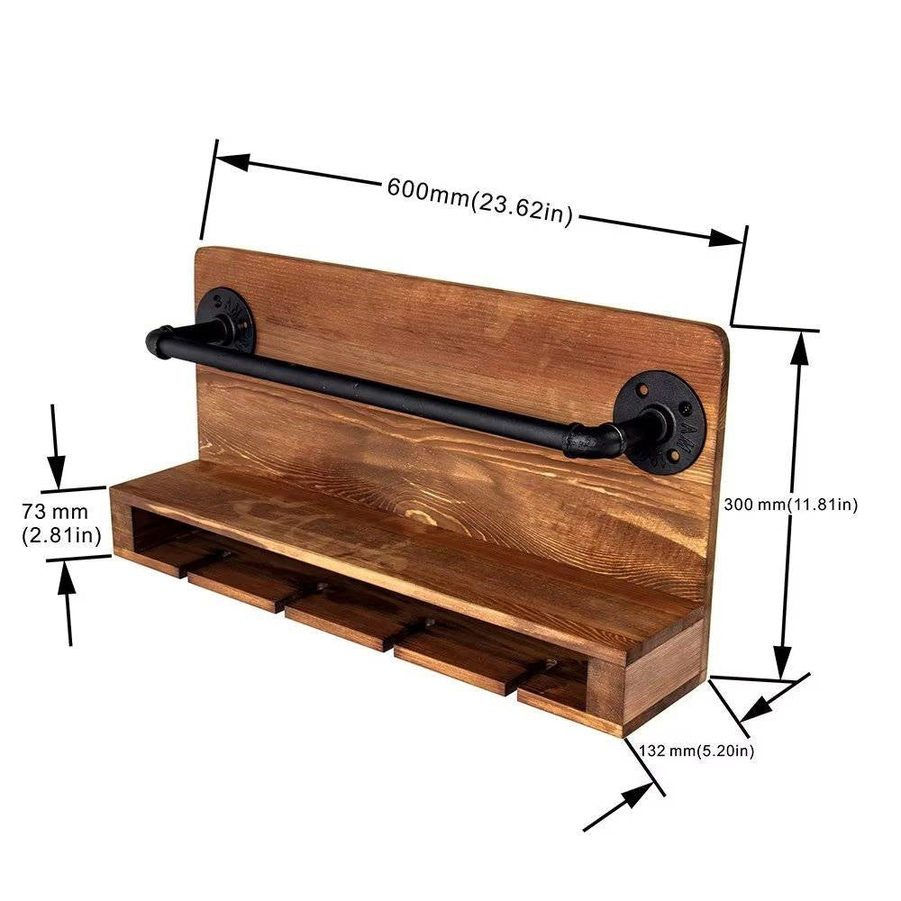 4 Bottle Rustic Farmhouse Wall Mounted Wine Rack with Glass Holder-4