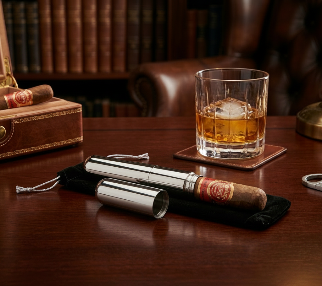 Stainless Steel Cigar Tube with Black Pouch-1