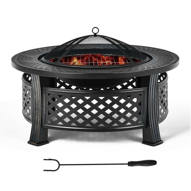 Rustic Steel Outdoor Fire Pit with BBQ Grill with Poker and Mesh Cover-1