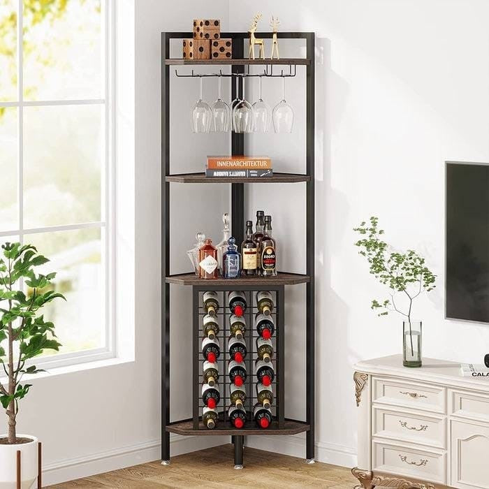 Industrial Corner Wine Rack Storage Shelving Unit with Glass Holders-2