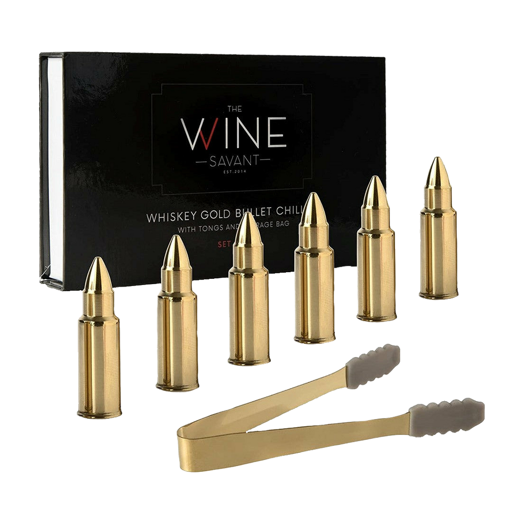 Bullet Whiskey Chillers Stones - 1.75in Whiskey Rocks by The Wine Savant Set of 6 - Stainless Steel Bullet Shaped Ice Cubes, Gift Box Come, Tongs and Storage Bag, Whiskey or Scotch Rocks (Gold)-0