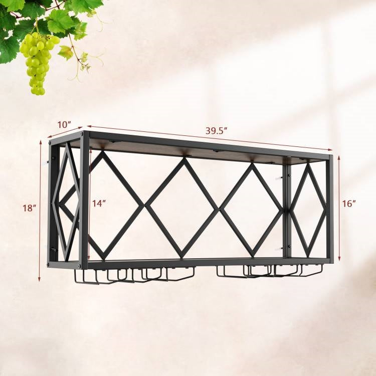Industrial Rustic Brown Wood Metal Wall Mounted Wine Rack Shelf-4