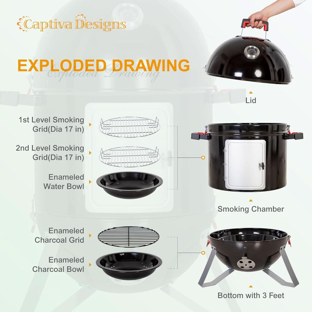 18-Inch Vertical Charcoal Smoker Grill with Porcelain-Enameled Smoking Chamber, Wood Mountain Smoker for Meat Turkey and BBQ, with Built-In Thermometer-3