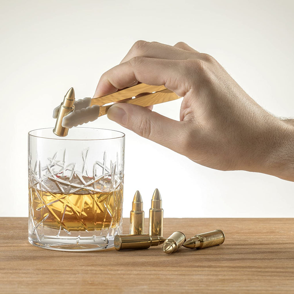 Bullet Whiskey Chillers Stones - 1.75in Whiskey Rocks by The Wine Savant Set of 6 - Stainless Steel Bullet Shaped Ice Cubes, Gift Box Come, Tongs and Storage Bag, Whiskey or Scotch Rocks (Gold)-2