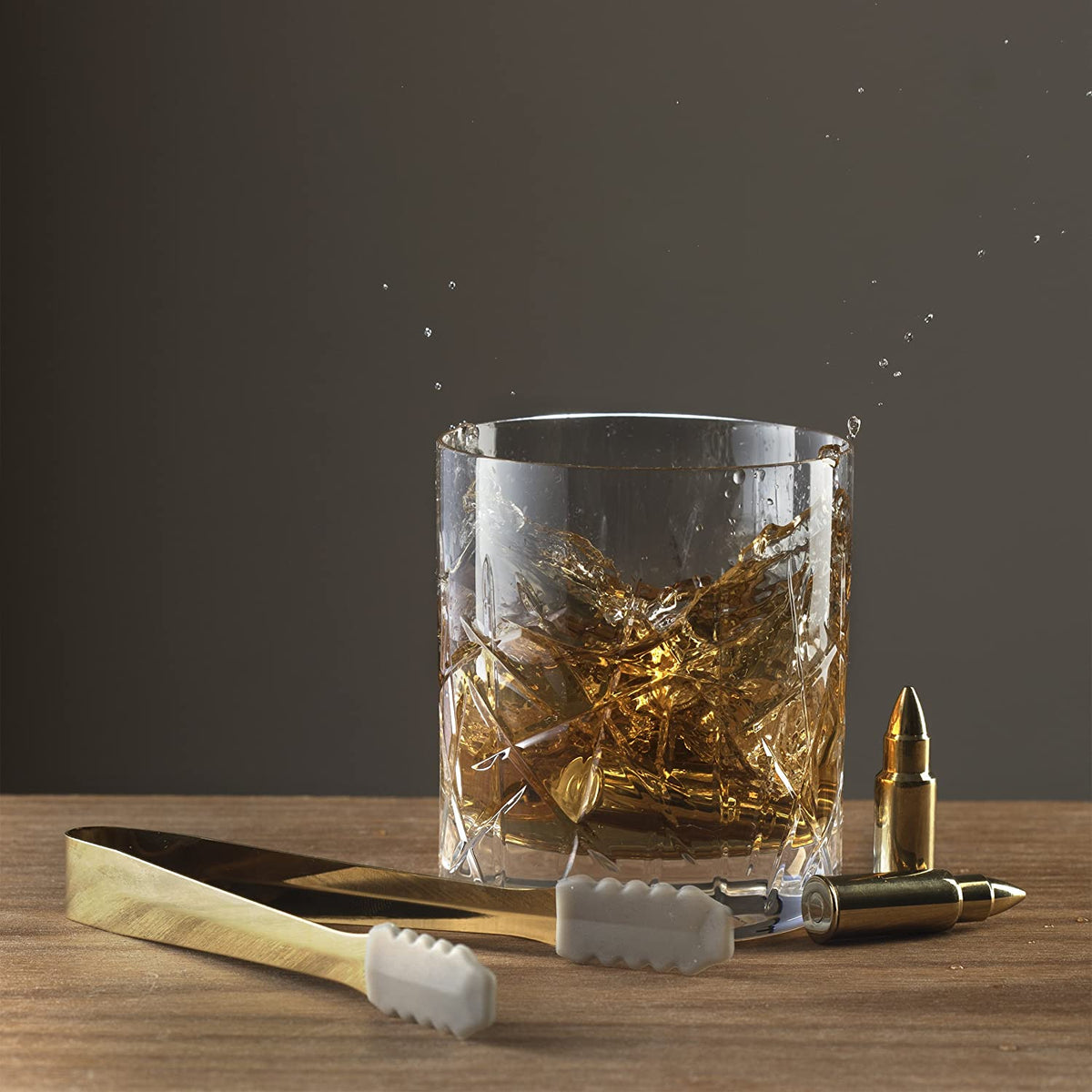 Bullet Whiskey Chillers Stones - 1.75in Whiskey Rocks by The Wine Savant Set of 6 - Stainless Steel Bullet Shaped Ice Cubes, Gift Box Come, Tongs and Storage Bag, Whiskey or Scotch Rocks (Gold)-1