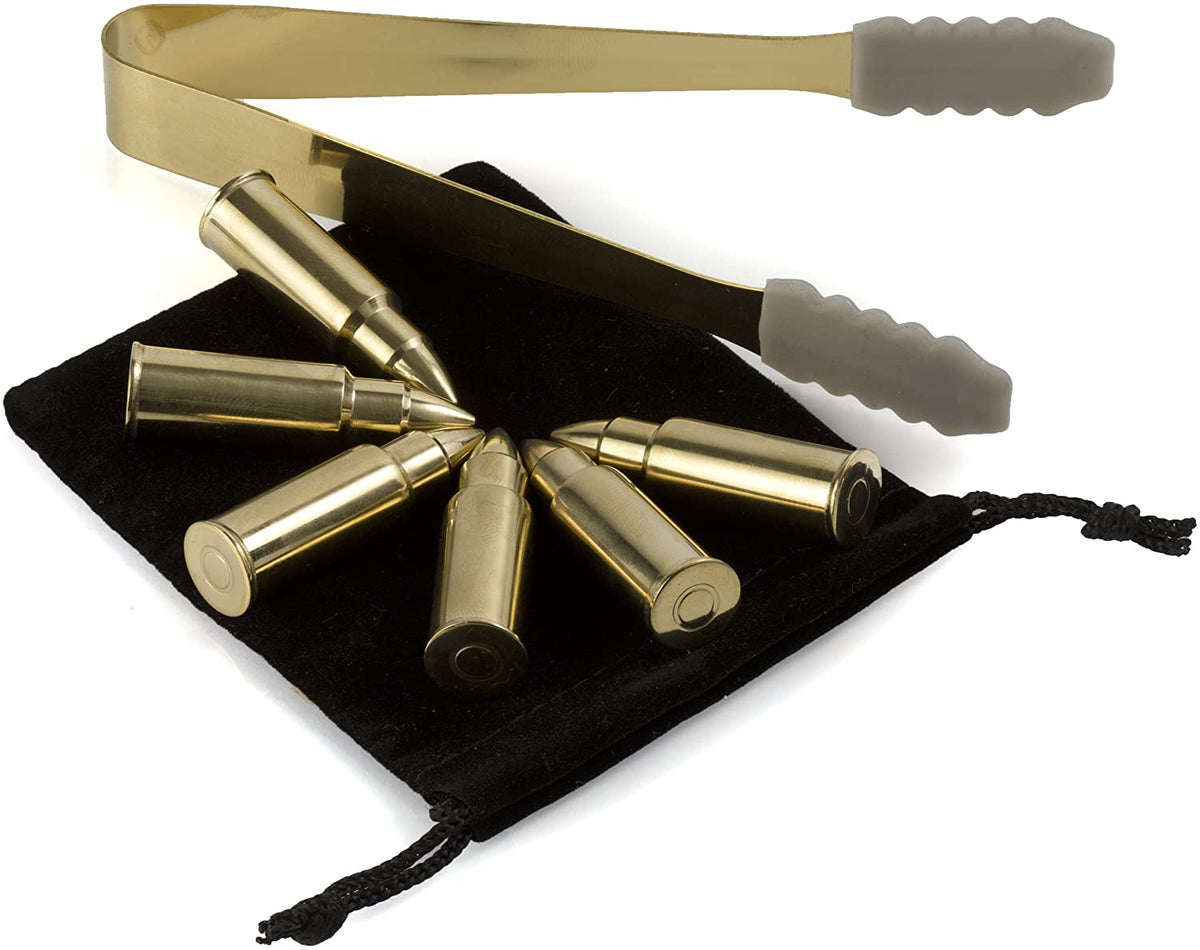 Bullet Whiskey Chillers Stones - 1.75in Whiskey Rocks by The Wine Savant Set of 6 - Stainless Steel Bullet Shaped Ice Cubes, Gift Box Come, Tongs and Storage Bag, Whiskey or Scotch Rocks (Gold)-4
