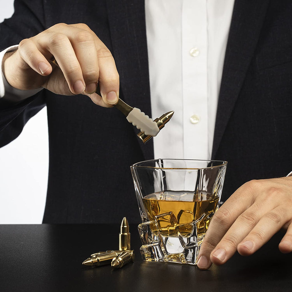 Bullet Whiskey Chillers Stones - 1.75in Whiskey Rocks by The Wine Savant Set of 6 - Stainless Steel Bullet Shaped Ice Cubes, Gift Box Come, Tongs and Storage Bag, Whiskey or Scotch Rocks (Gold)-3