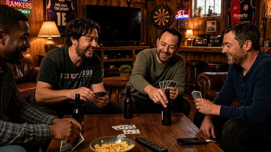 Four friends laughing over a card game in a cozy wood-panelled den